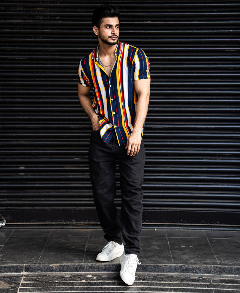 Blue and Yellow with Multi Color Stripe Half Sleeves Shirt