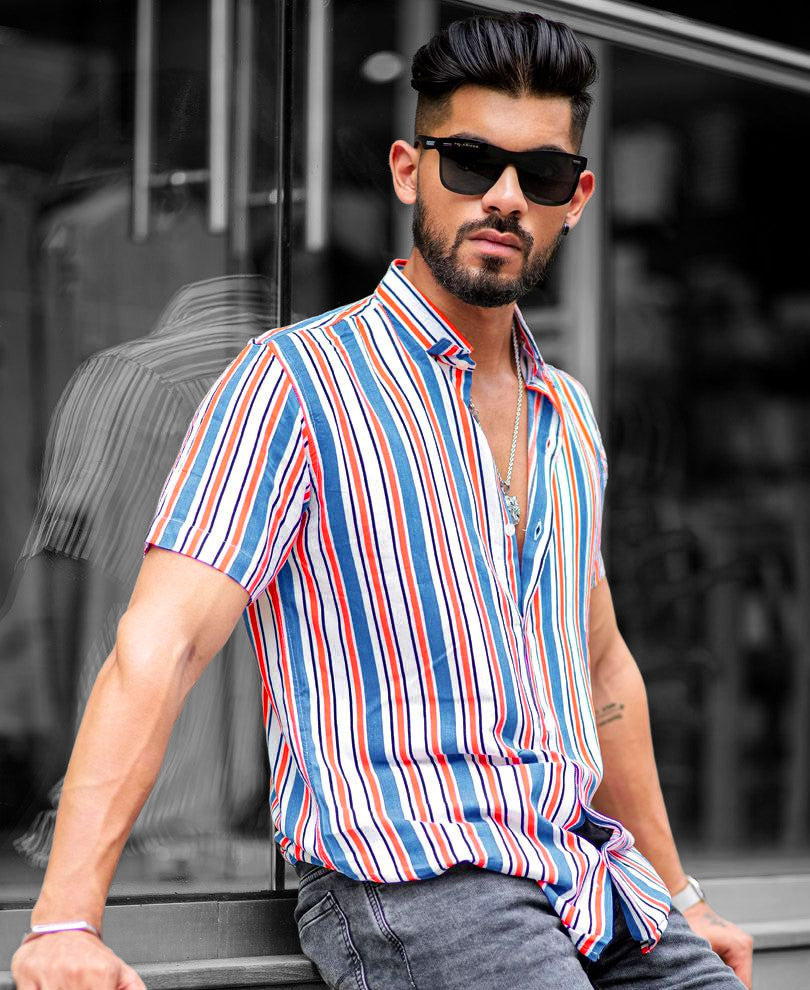 White With Multi Color Vertical Stripes Half Sleeves Shirt