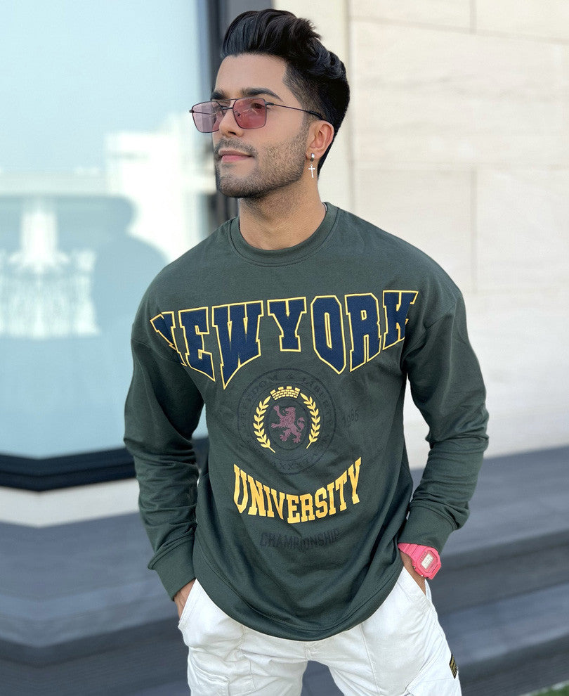 Olive Green New York Print Oversize Drop Shoulder T Shirt
