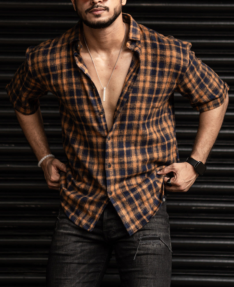 Mustard and Blue Checks Oversize Drop Shoulder Shirt