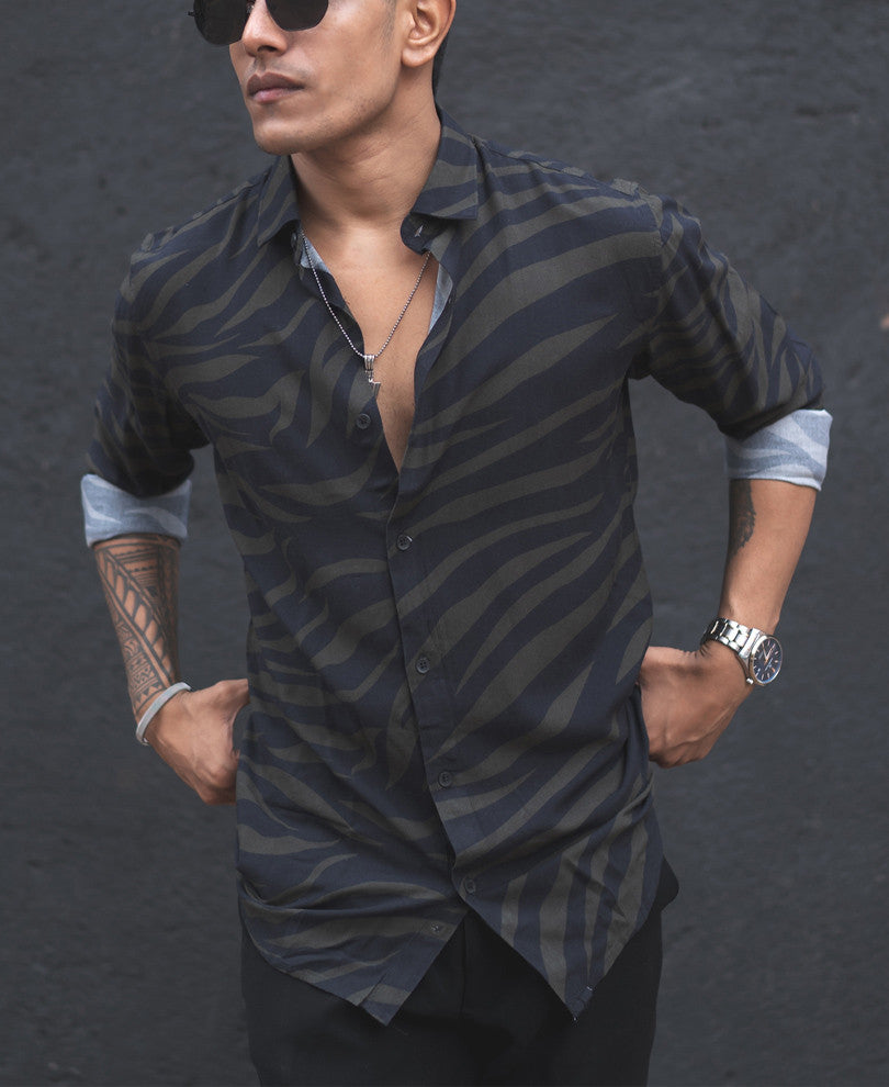 Green and Black Zebra Print Full Sleeves Shirt