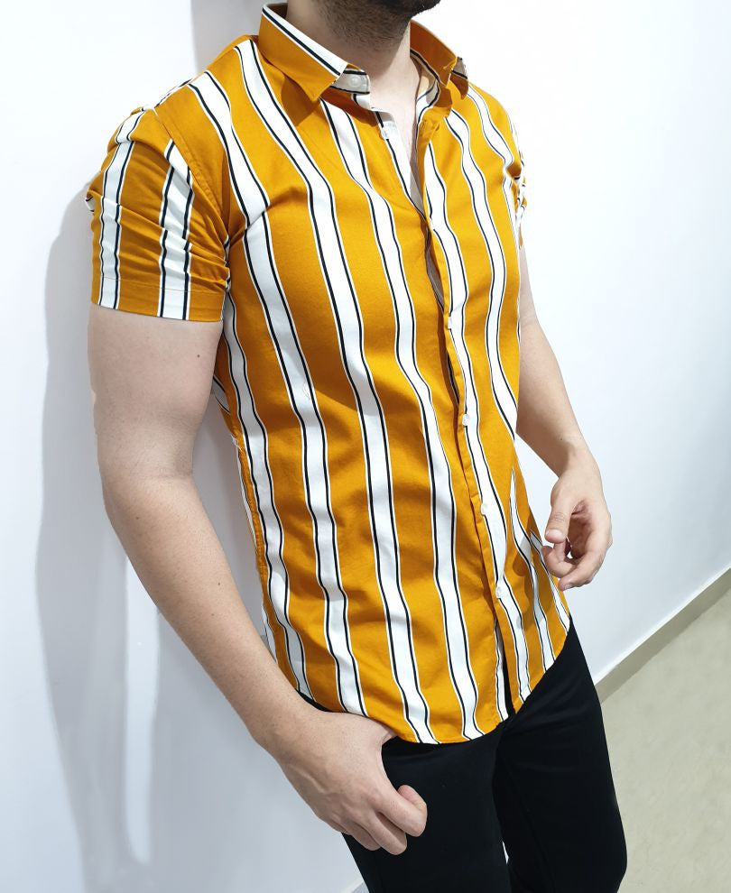 Mustard And White Stripes Print Half Sleeves Shirt