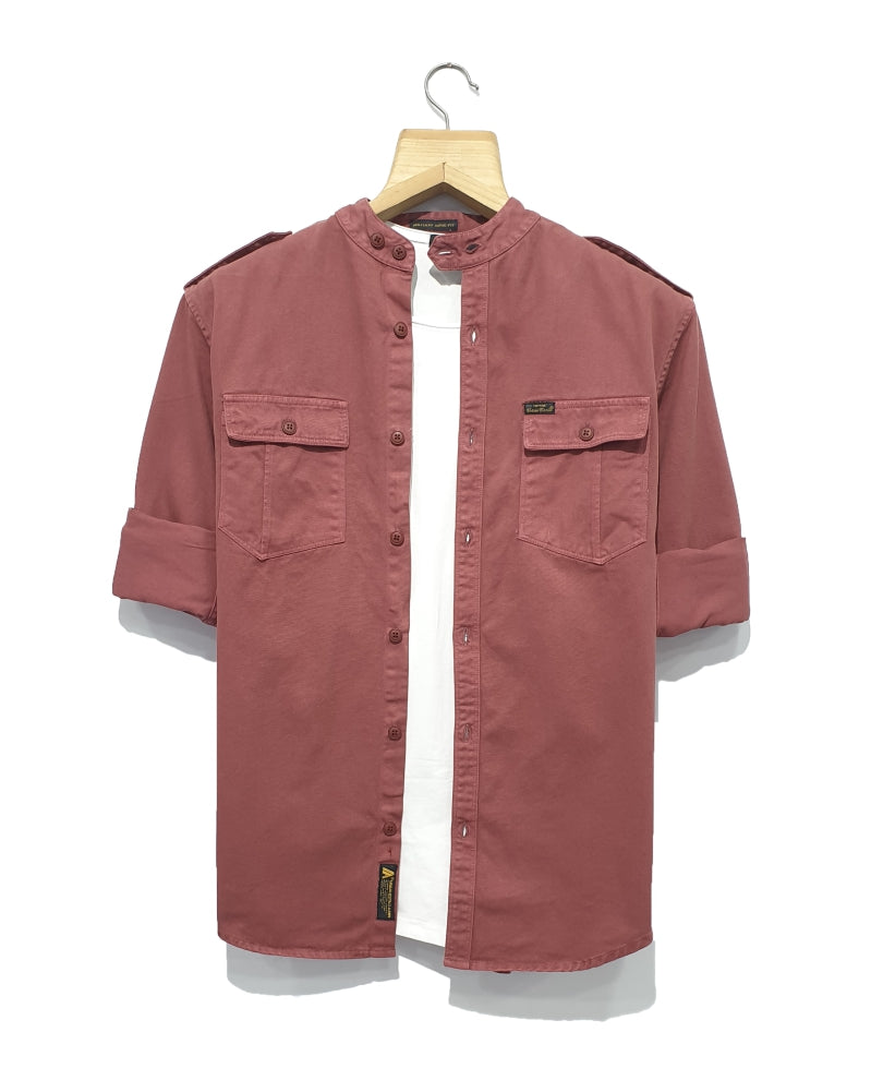 Maroon Chinese Collar Denim Casual Shirt
