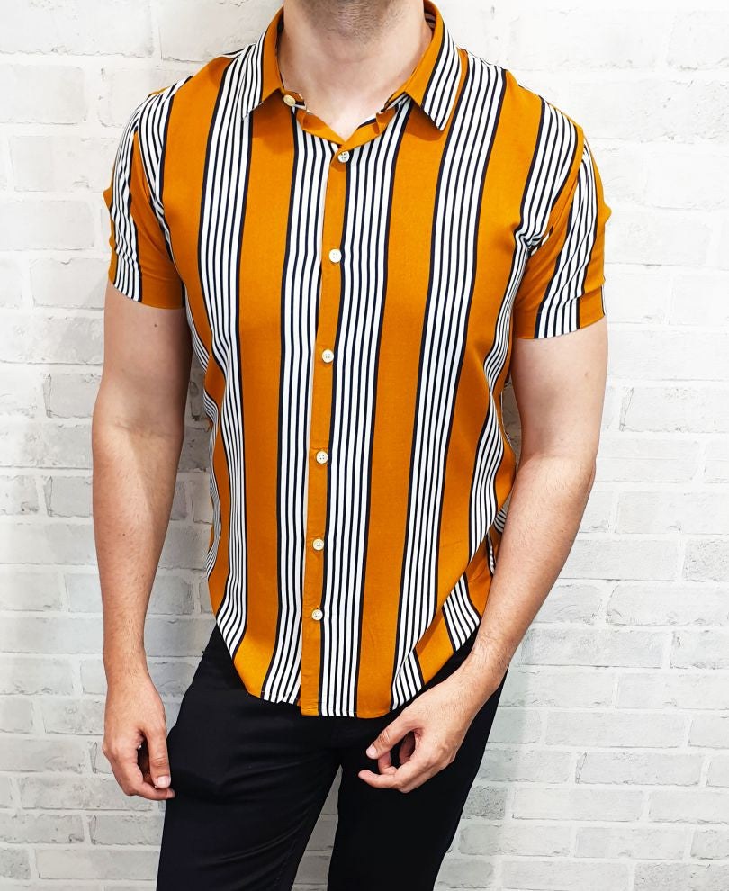 Mustard And Black Triple Stripe Half Sleeves Shirt