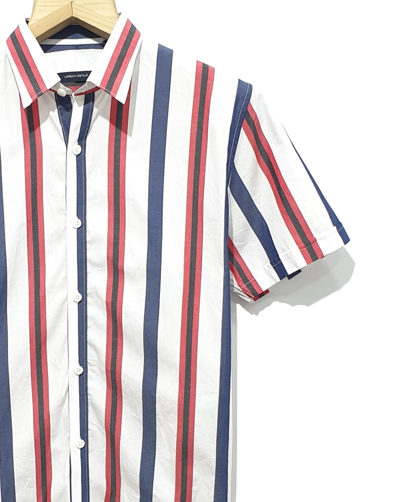 White And Multi Stripes Print Half Sleeves Shirt