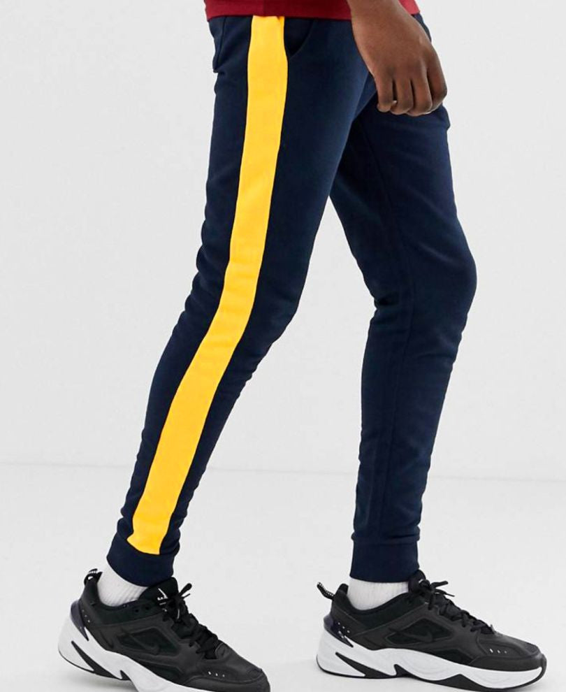 Navy Blue and Yellow Stripes Ribbed Track Pant