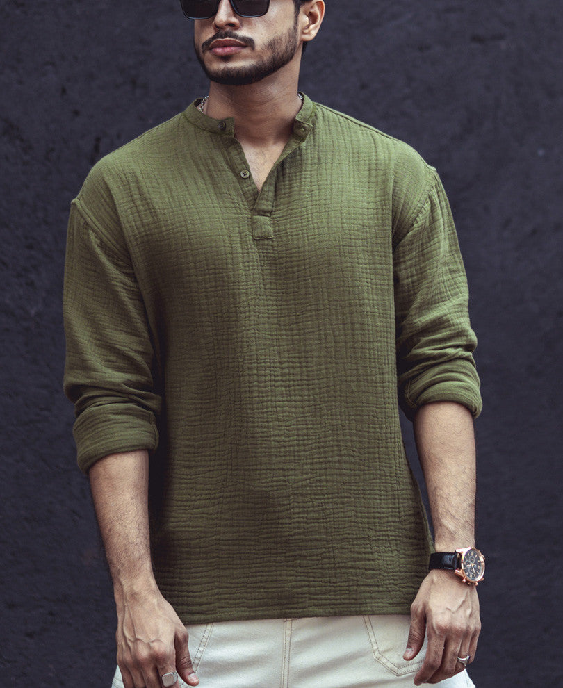 Olive Green Structured Kurta Style Oversize Drop Shoulder Shirt