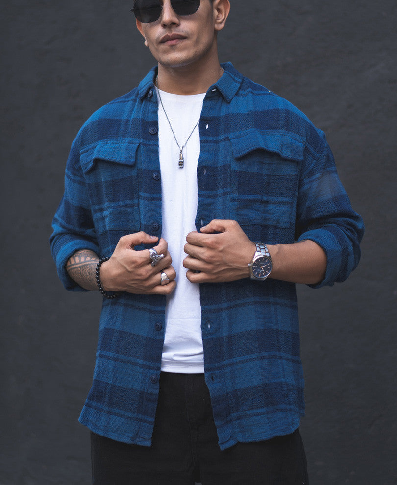 Blue Structured Checks Shacket Oversized Shirt