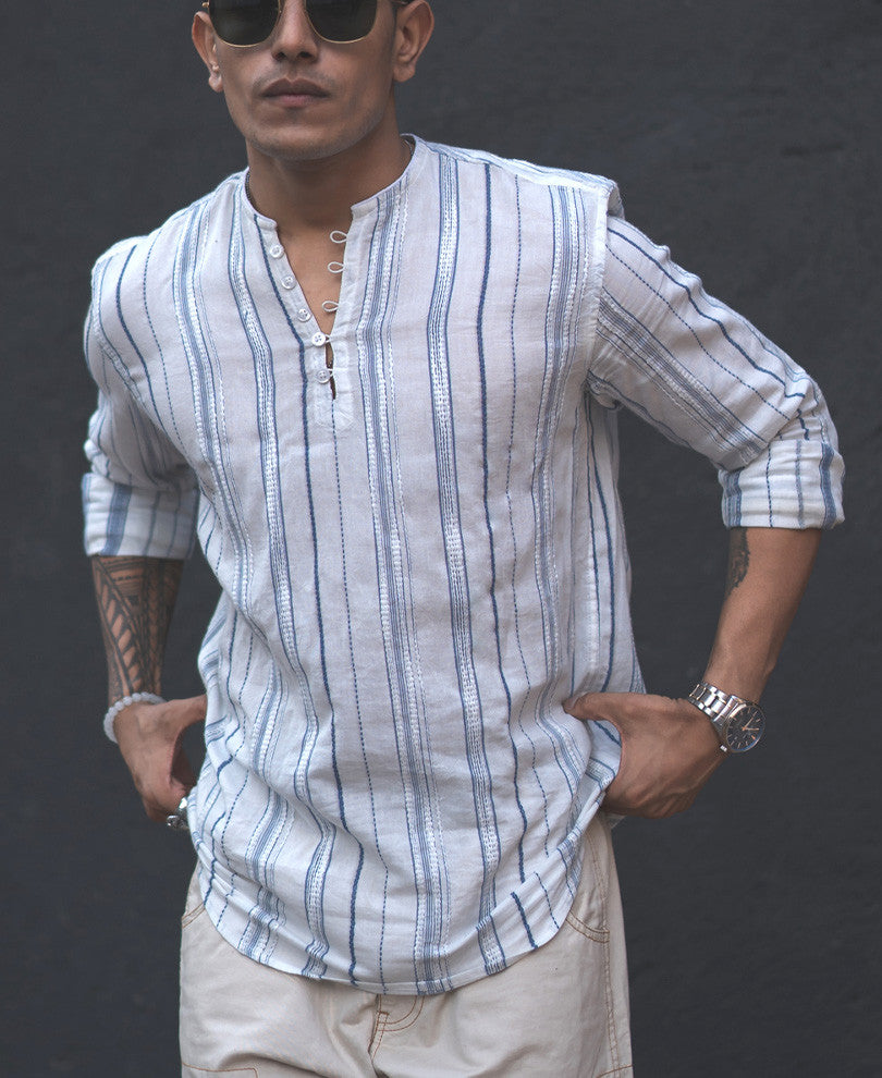 White Vertical Striped Kurta Style Shirt