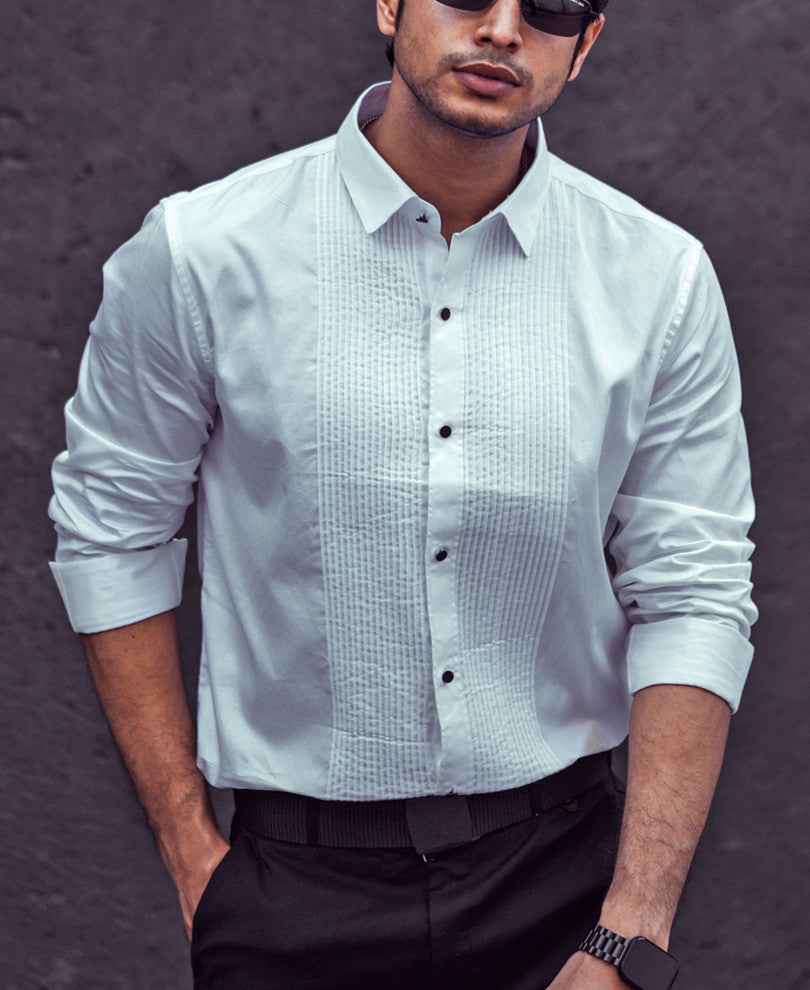 White Solid  Full Sleeves Tuxedo Shirt