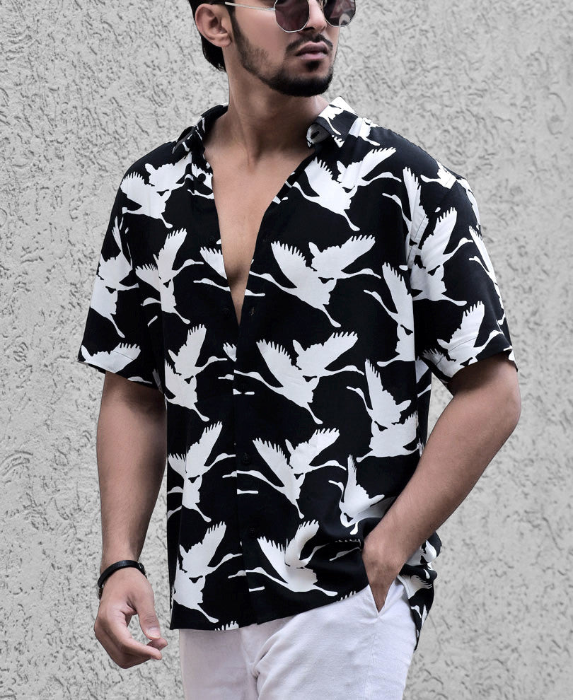 Black Swan Print Half Sleeves Shirt