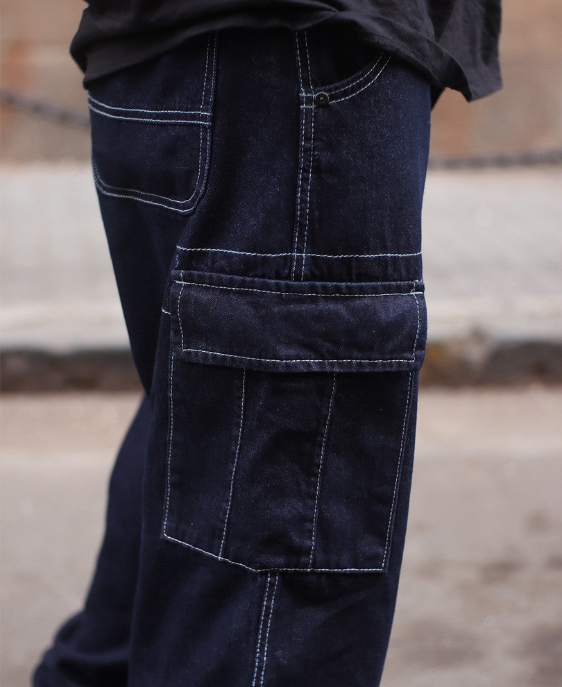 Dark Blue Contrast Stitch Carpenter Baggy Fit Jeans