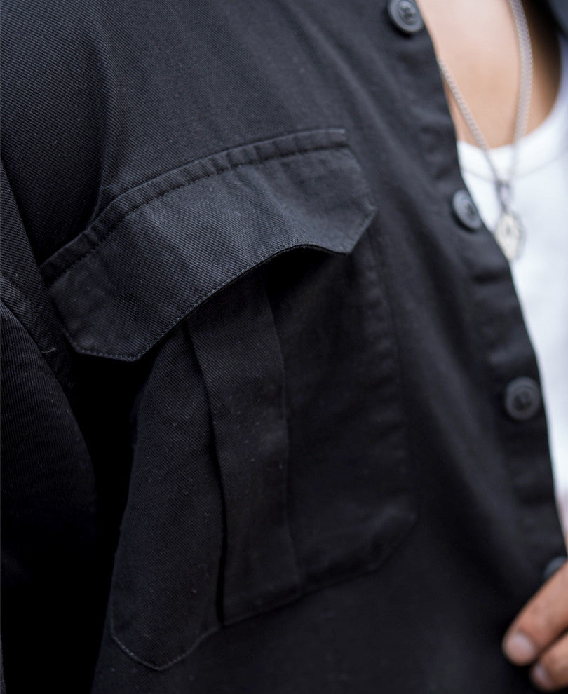 Black Three Pockets Oversize Drop Shoulder Shirt