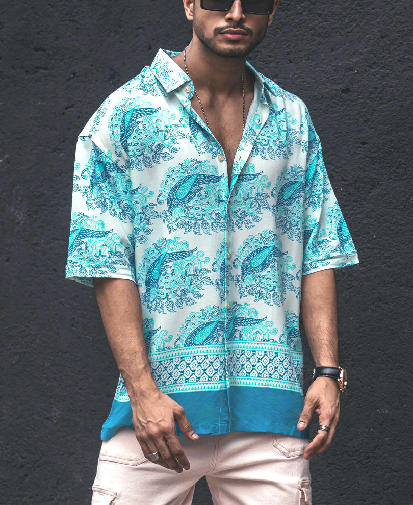 Green and Blue Ethnic Print Oversize Drop Shoulder Shirt