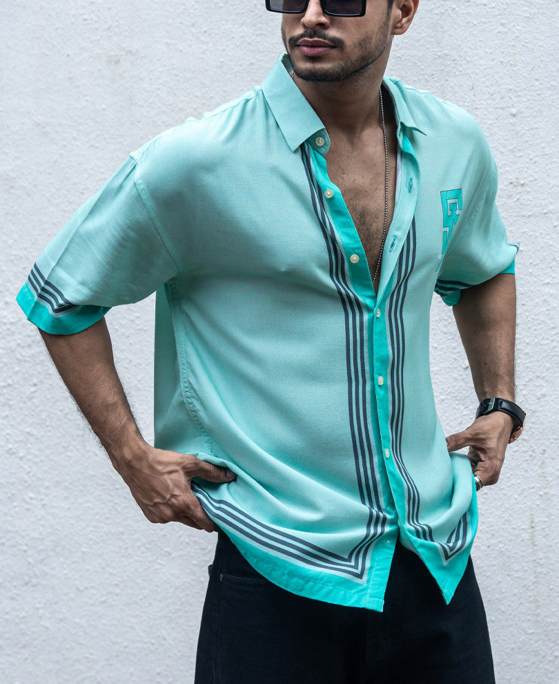 Mint Green Print Oversize Drop Shoulder Shirt