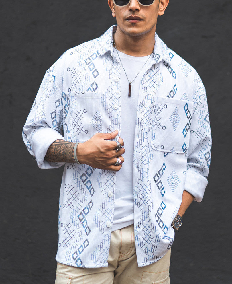 White Ethnic Print Oversized Shirt
