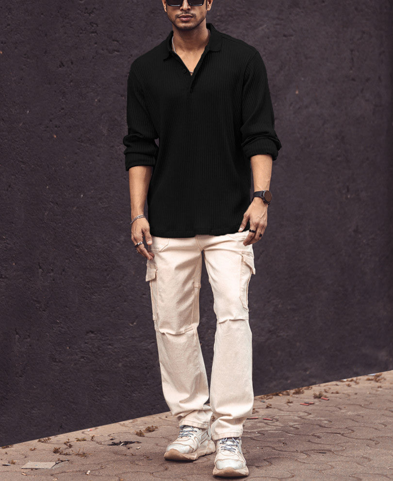 Black Rib Knit Full Sleeves T Shirt