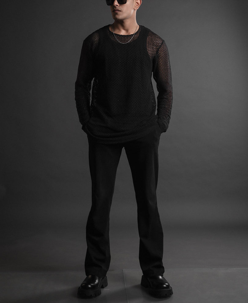 Black Crochet Full Sleeves Oversized T Shirt