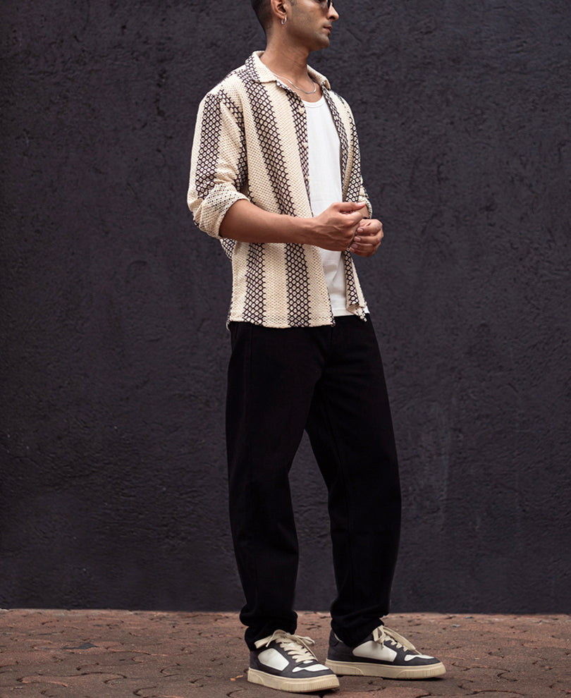 Off White And Black Crochet Regular Fit Full Sleeves Shirt