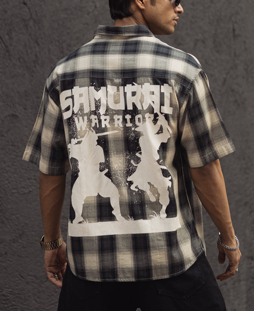 Black and White Checks Back Printed Oversized Half Sleeves Shirt