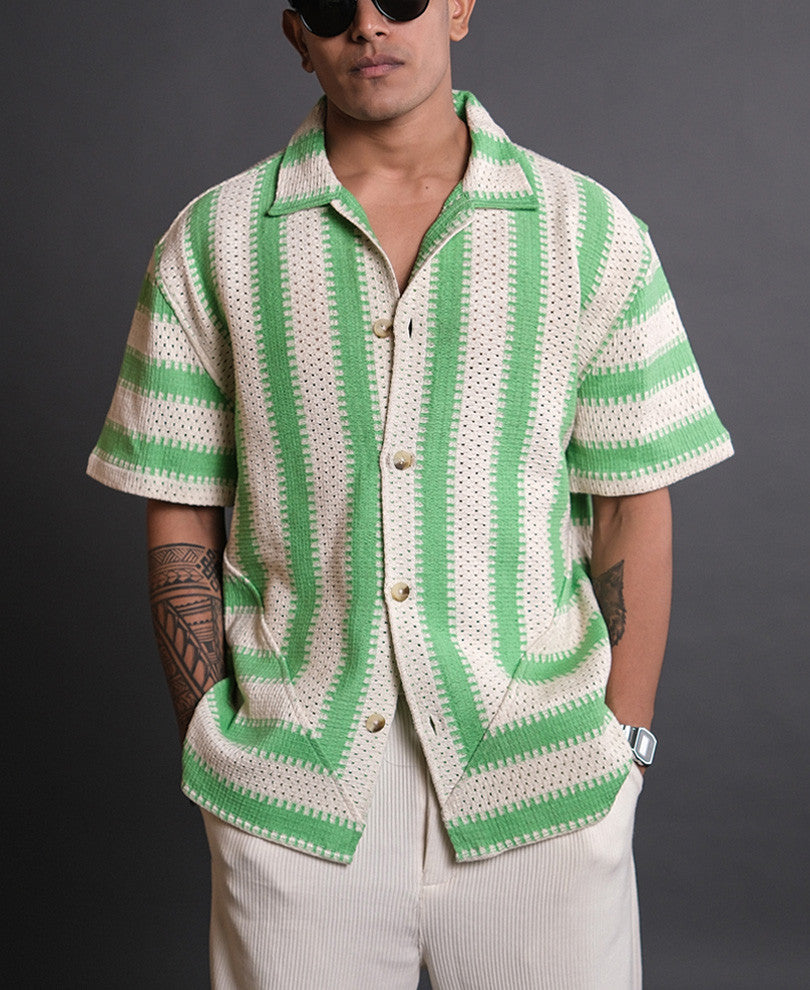Off White and Green Crochet Knit Striped Oversized Shirt