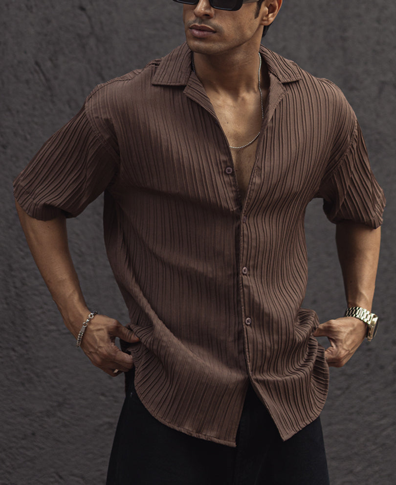Brown Structured Striped Oversized Half Sleeves Shirt