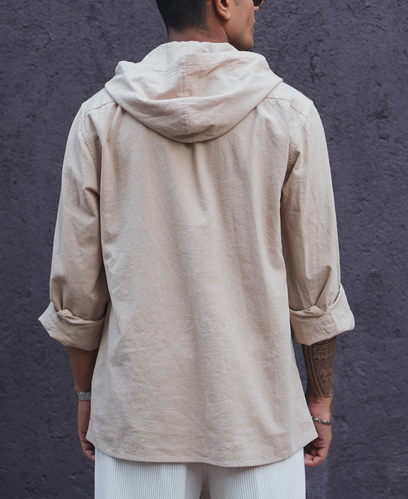 Beige Full Sleeves Hoodie Kurta Style Shirt