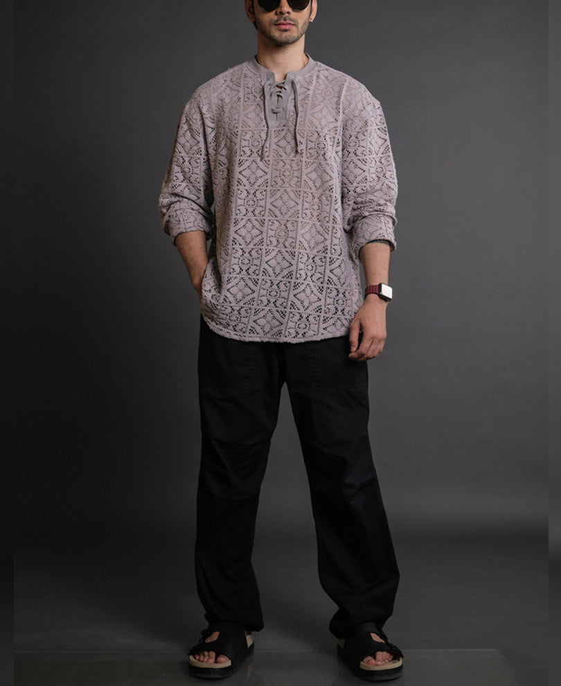 Grey Crochet Knit Oversized Kurta Style Full Sleeves Shirt