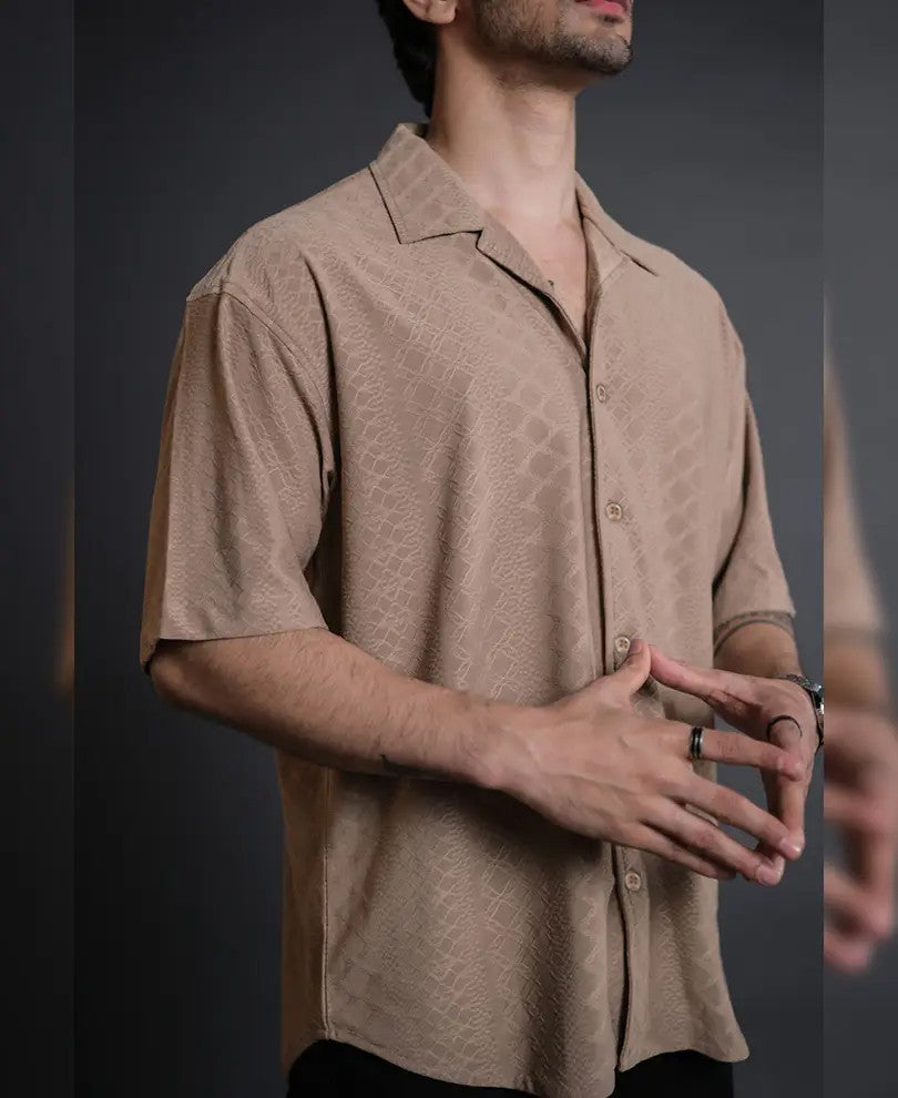 Camel Structured Oversized Half Sleeves Shirt