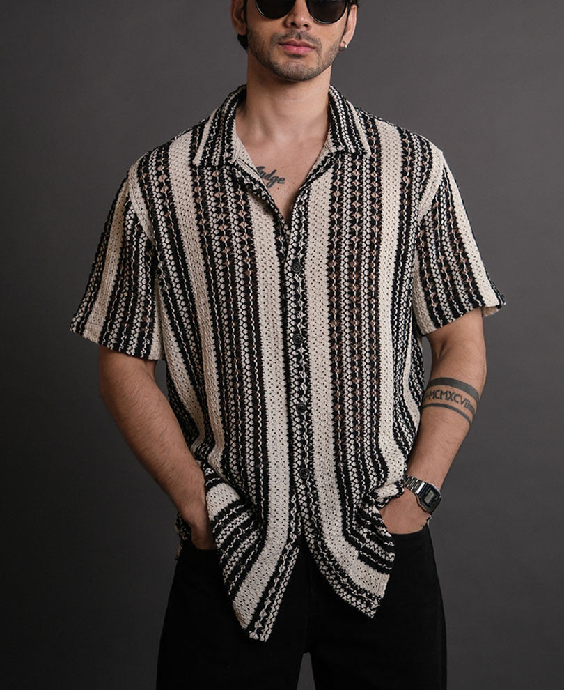 Black and White Crochet Knit Striped Half Sleeves Shirt