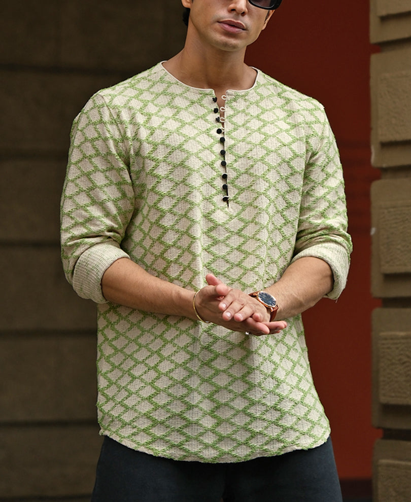 Green and Off White Crochet Kurta Style Shirt