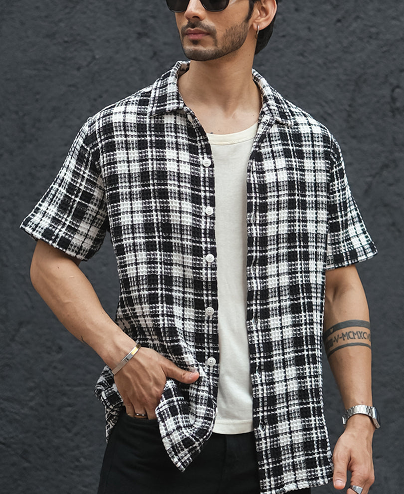White and Black Structured Checks Half Sleeves Shirt