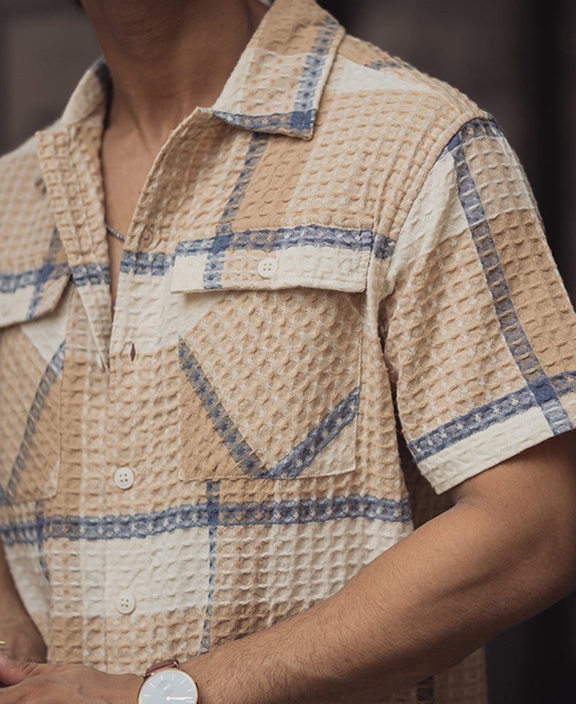 Off White and Beige Structured Checks Half Sleeves Shirt