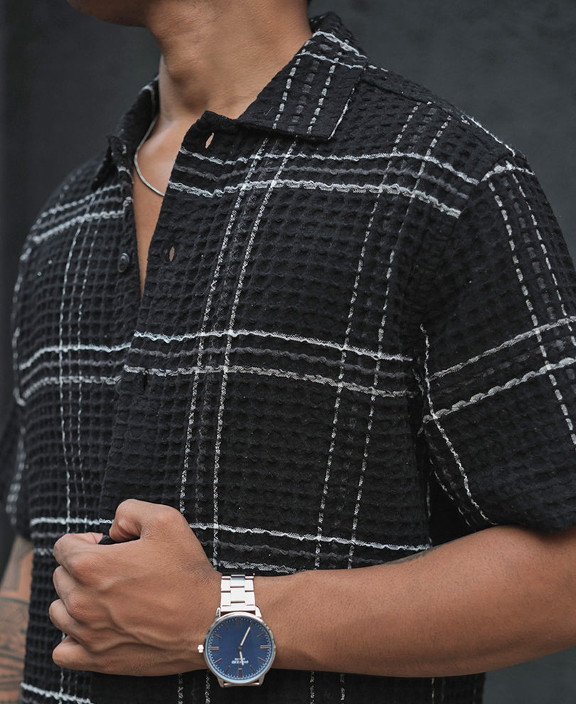 Black Structured Checks Half Sleeves Shirt