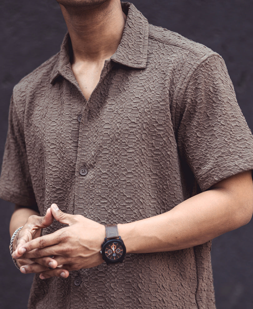 Dark Beige Textured Half Sleeves Shirt