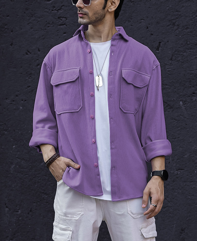 Purple Chest Pocket Shacket Oversize Drop Shoulder Shirt