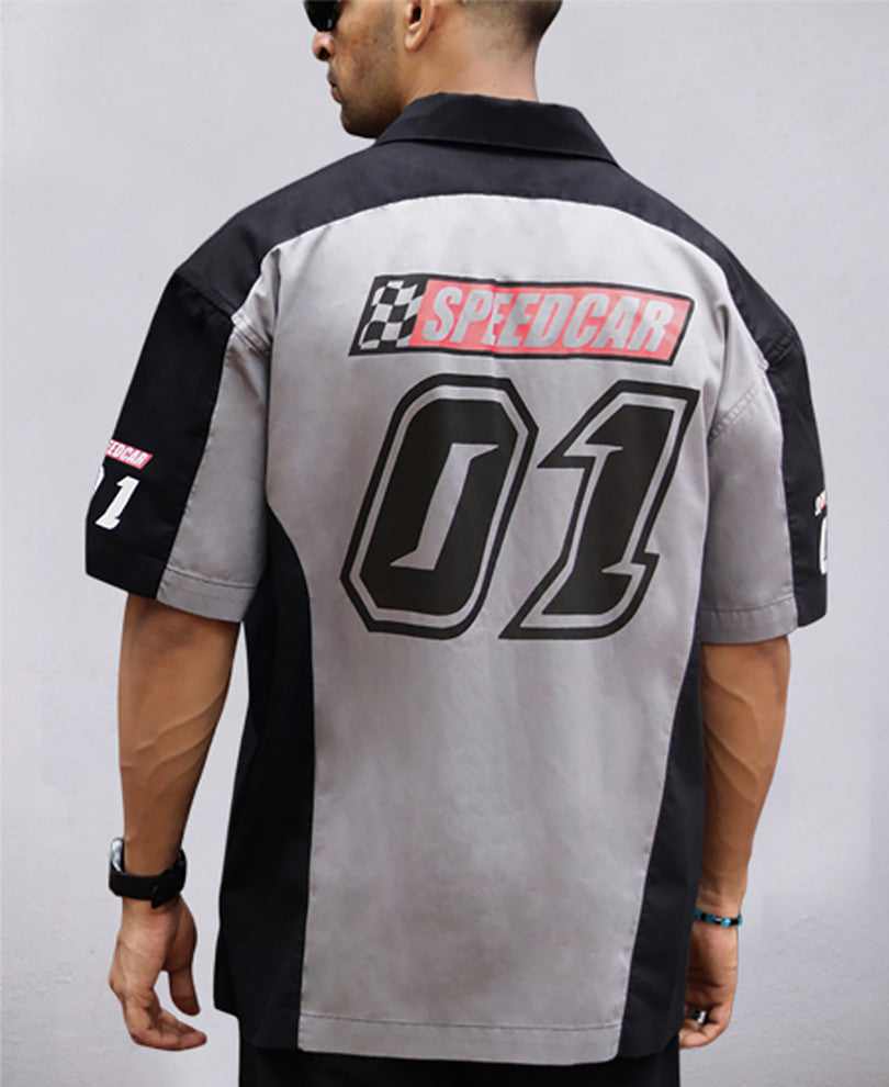 Grey and Black Go Fast Print Oversize Drop Shoulder Shirt