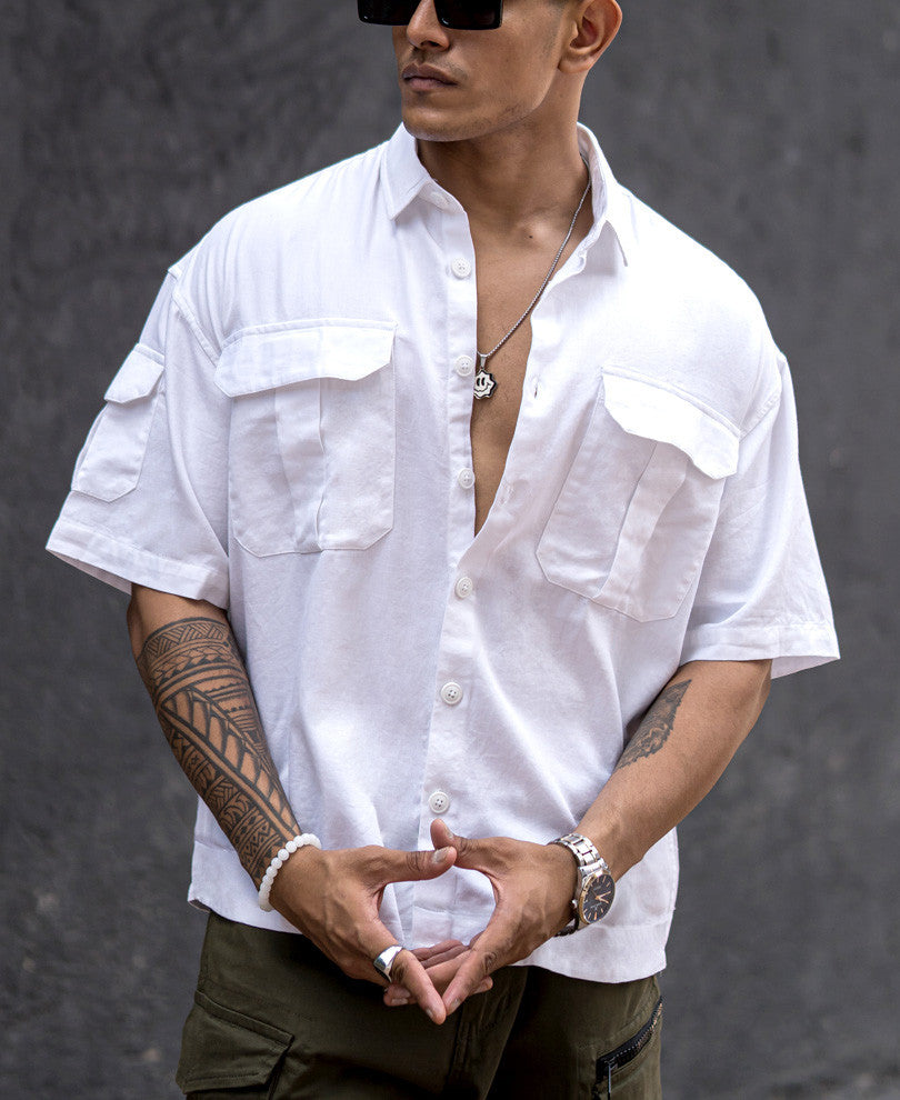 White Three Pockets Oversize Drop Shoulder Shirt