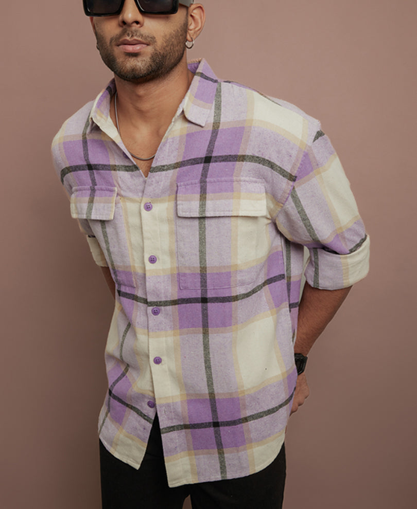 Purple and White Checks Oversize Drop Shoulder Shirt