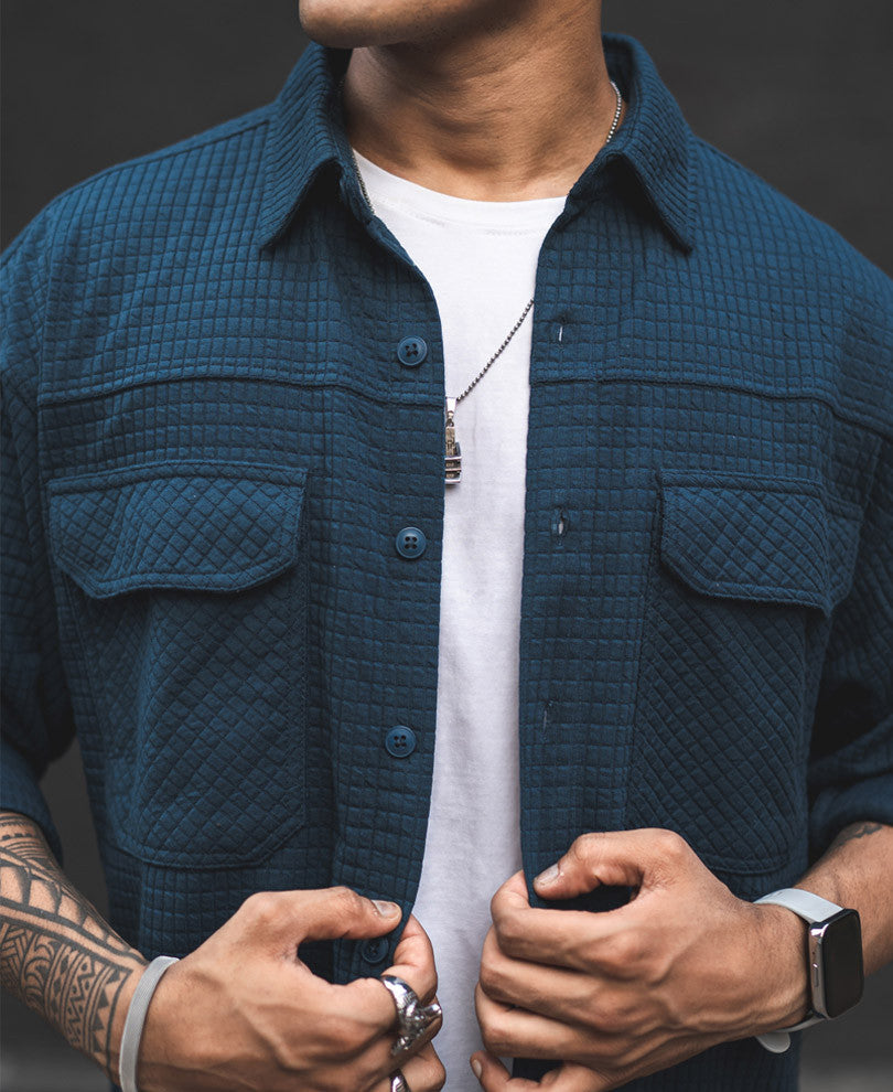 Teal Blue Structured Knit Shacket Oversized Shirt