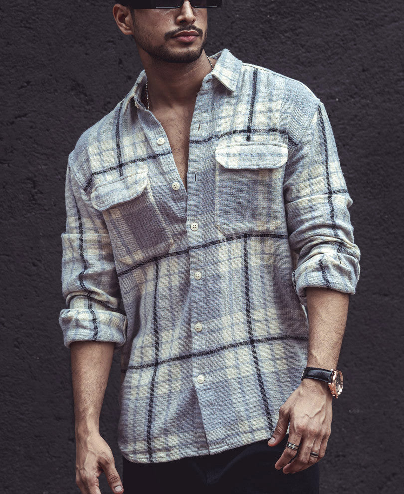 Light Grey Structured Checks Shacket Oversize Drop Shoulder Shirt