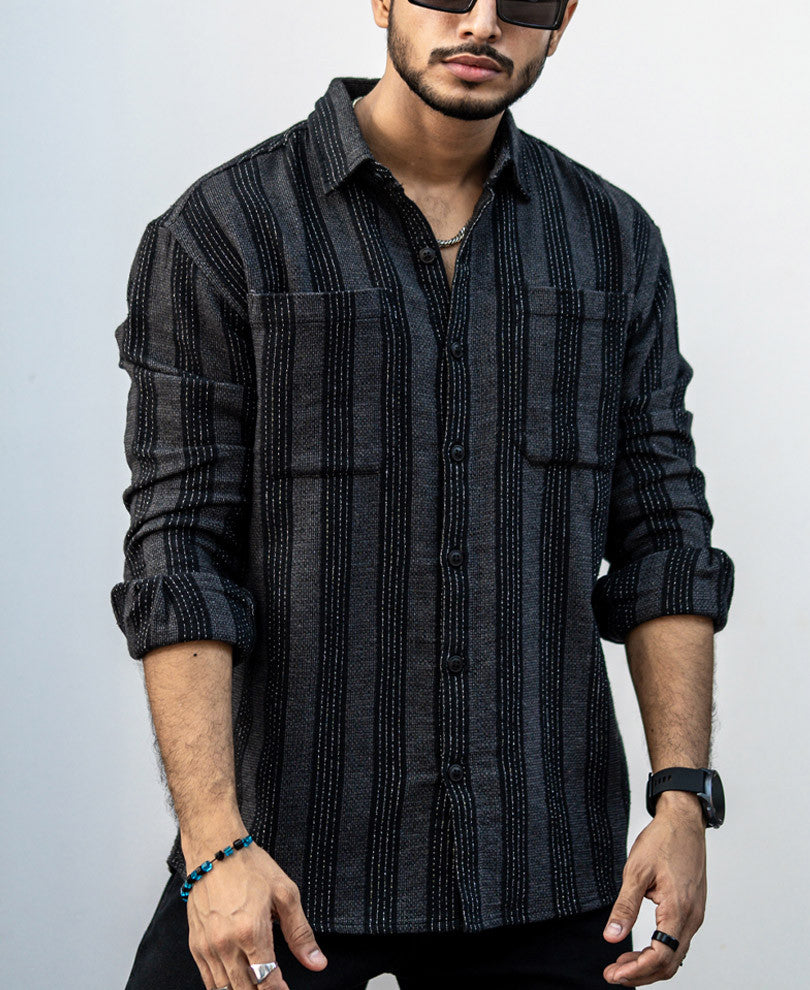Charcoal Black Striped Structured Oversized Shirt