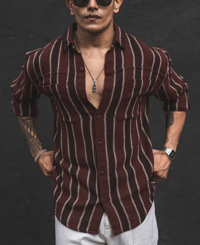 Brown and Maroon Structured Striped Oversized Shirt