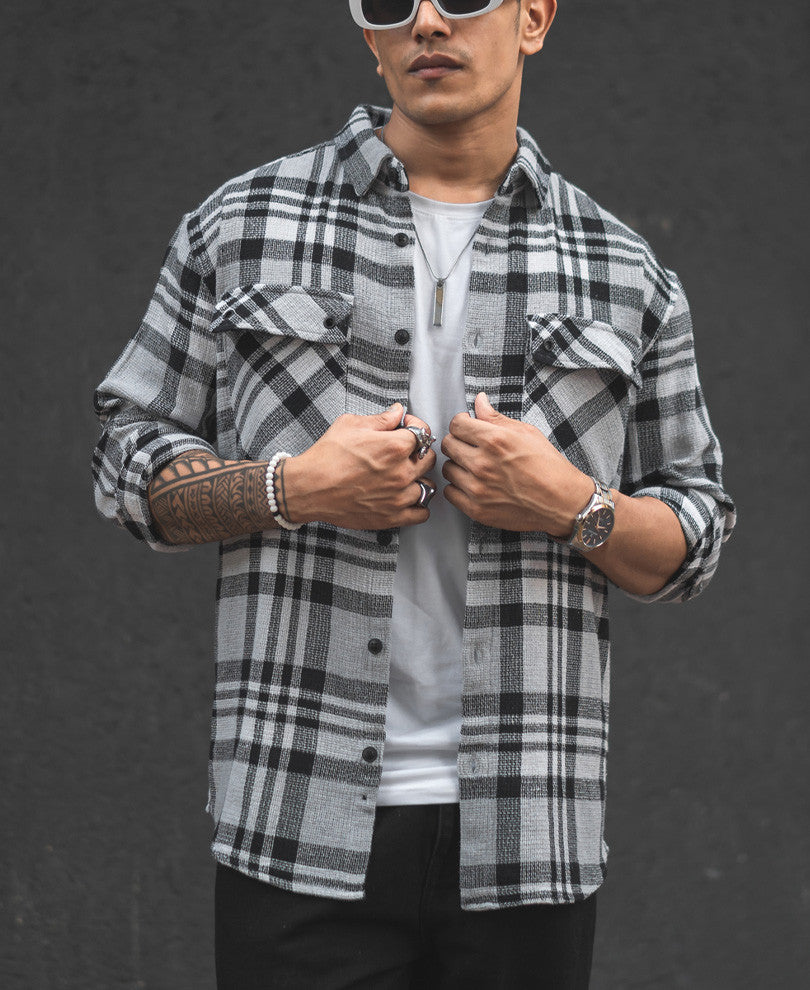 Light Grey Checks Structured Oversized Shirt