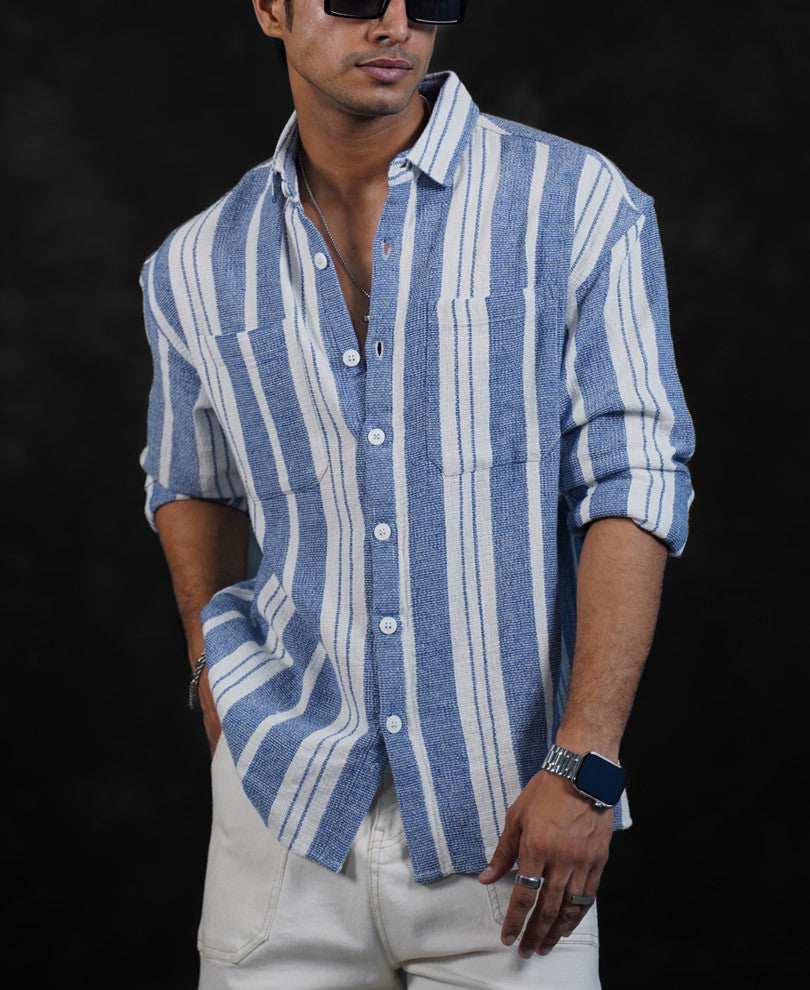 White and Blue Structured Striped Oversized Shirt