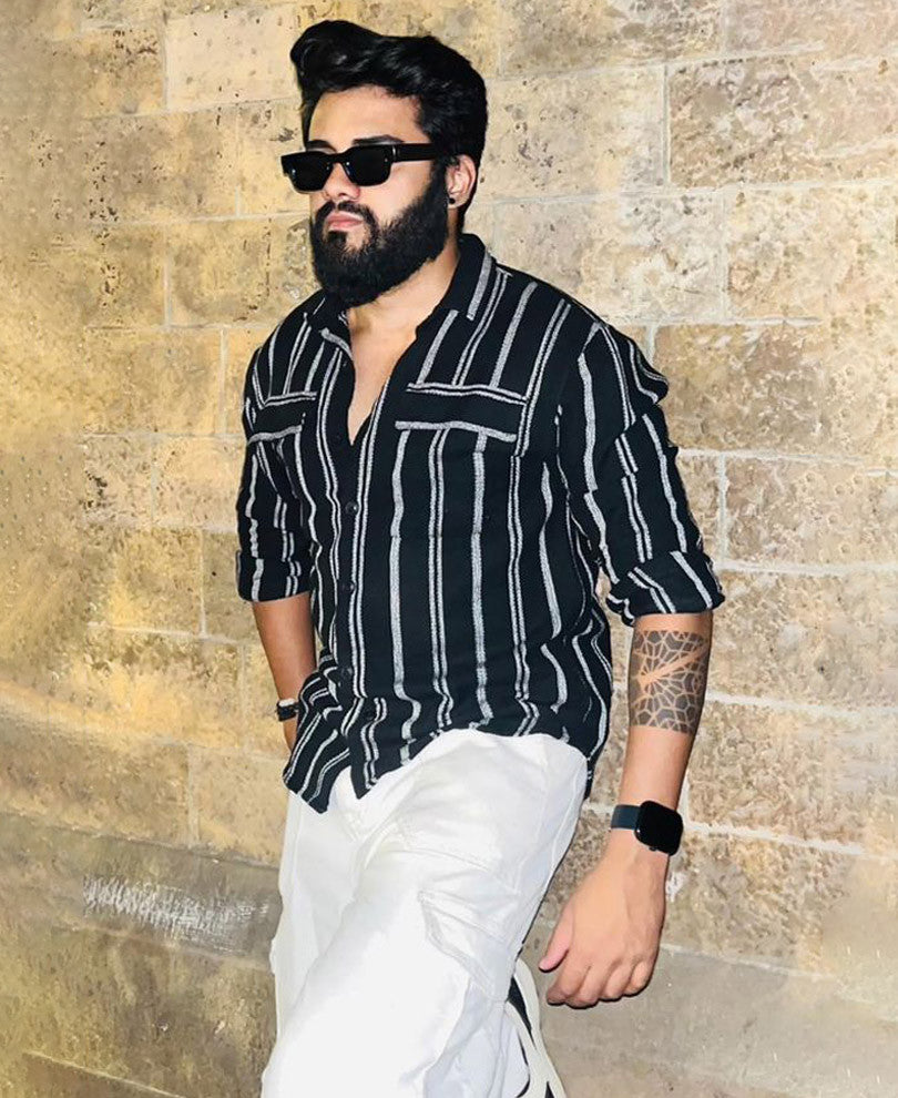 Black and White Vertical Striped Shacket Oversized Shirt