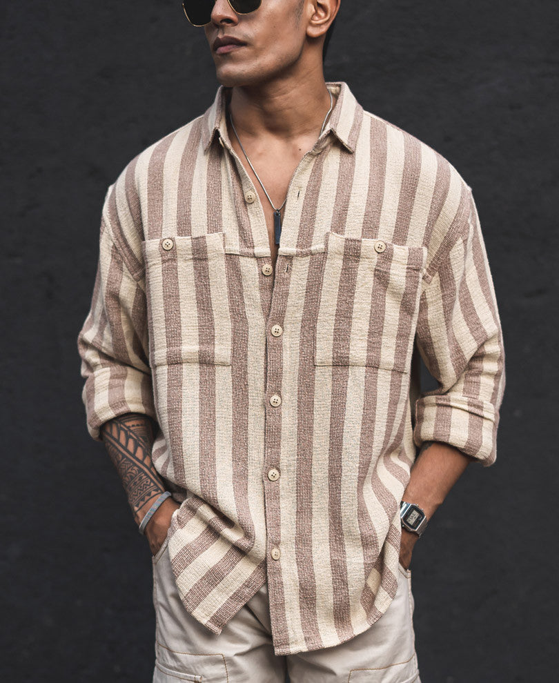 Cream Structured Striped Vertical Oversized Shirt