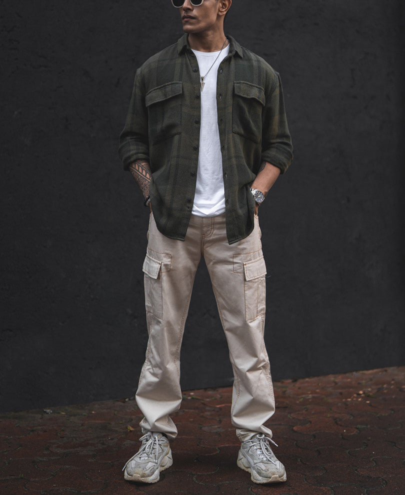 Olive Green Structured Flannel Checks Shacket Oversized Shirt