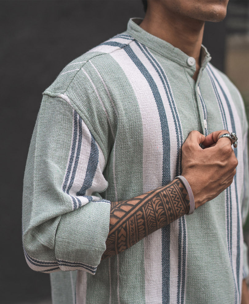 Pista Green Structured Striped Kurta Style Oversized Shirt
