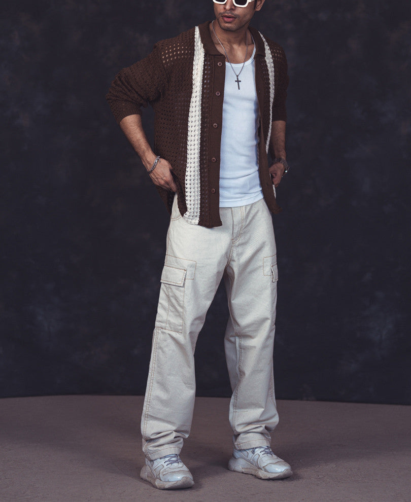 Brown and White Crochet Knit Striped Oversized Shirt